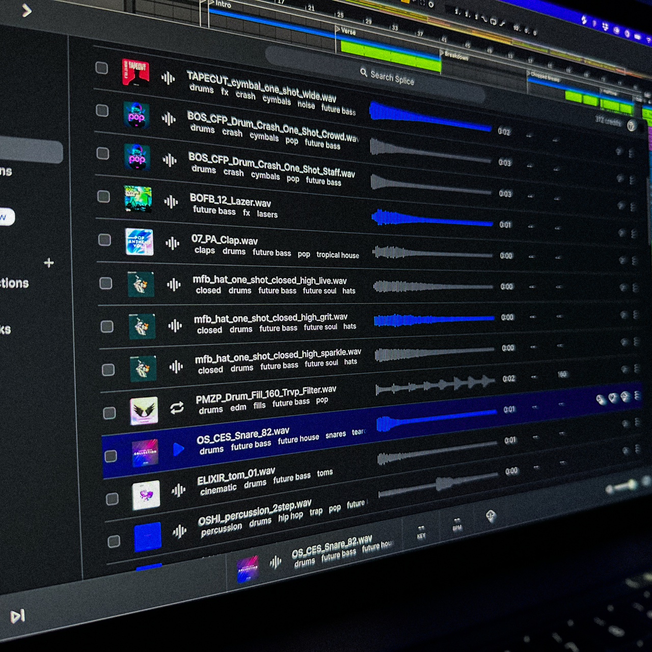 Close-up of Splice's sample browser